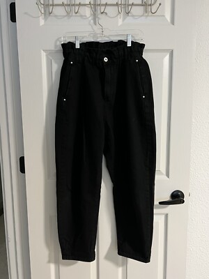 ZARA Baggy Slouchy Fit Paperbag Jeans High Waist Cropped Ankle Faded Black 8