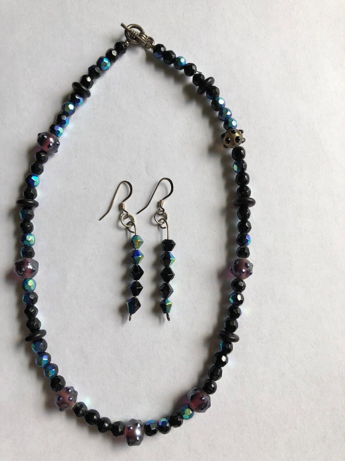 Vintage Single Strand AB Aurora Borealis Black Glass Bead Necklace & Ear Rings