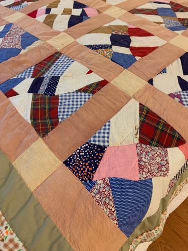Vintage Cotton Patchwork Tan Quilt  87” By 77”