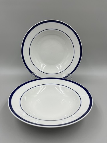 LNT Linens N Things Boulevard Cafe Rimmed Soup Bowls Blue & White Set Of 2