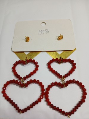 Earrings Red beaded Hearts and Gold, costume Jewelery