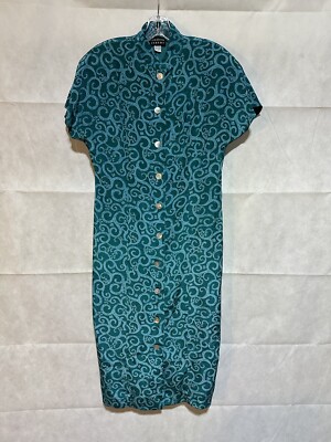 VINTAGE SPENSER JEREMY 100% SILK MIDI DRESS SZ 8 Blue Green Swirls Pearl Buttons
