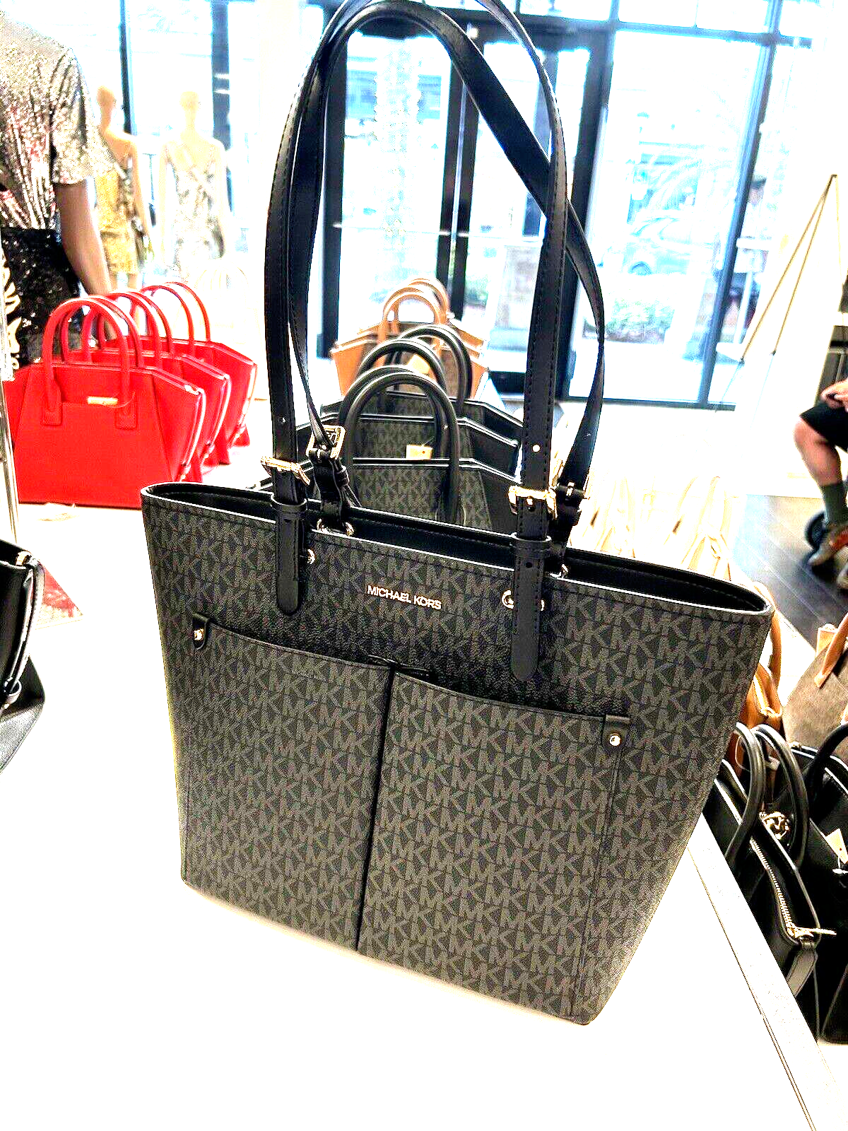 MICHAEL KORS JET SET TRAVEL MEDIUM DOUBLE POCKET TOTE SHOULDER BAG MK BLACK