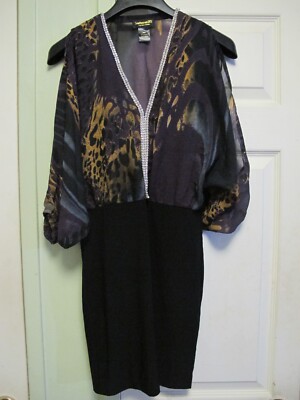 Sentimental NY Animal Print Slit Sleeve Rhinestone Chiffon Sheath Dress Sz S/M