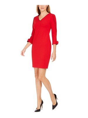 

Женское красное платье из крепа с бантом CALVIN KLEIN с рукавами 3/4 Petites, Красный