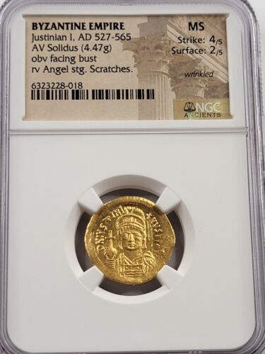 NGC MS 4/5, 2/5 Justinian I the Great AV Solidus. 527-565AD. Angel Reverse.