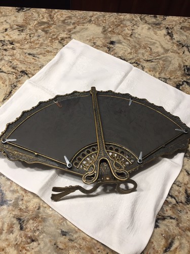 ANTIQUE METAL VICTORIAN FAN SHAPE MIRROR W/EASEL STAND