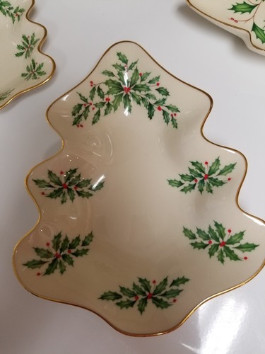 Lot 4 Lenox Demensions Collection Holiday Candy Dish Tree Shaped Holly & Berries