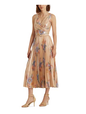 

Женское розовое платье миди без рукавов с поясом и пряжкой в виде подковы RALPH LAUREN, Розовый