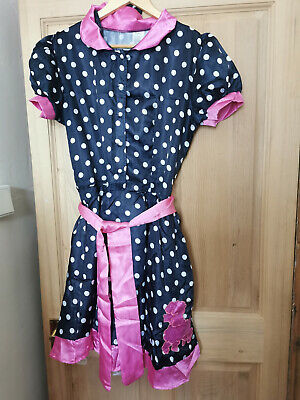 Womens wicked costumes 60s style black and white dot dress with pink collar and 