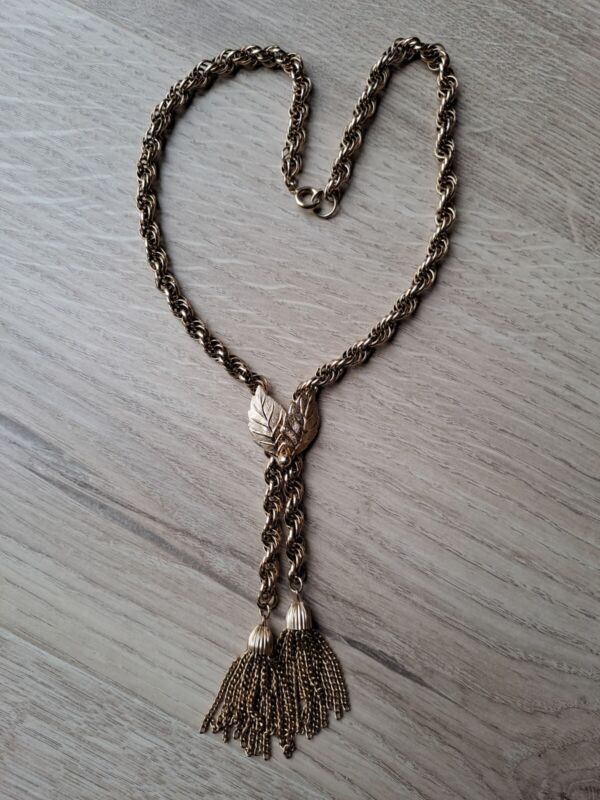 Vintage Necklace Costume Jewellery Mulit-Link Gold Chain, Leaf And Tassel Detail