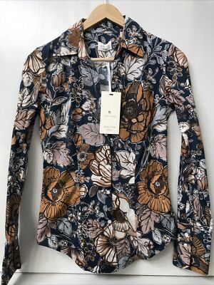Borsa Donna Womens Mimmi Floral Button Up Blouse Teal Blue Brown IT 40 NWT