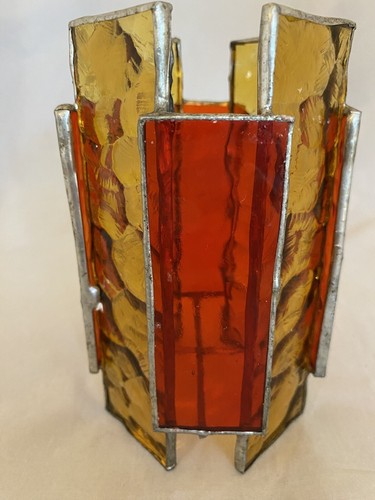 Stained Glass Candle Holder Red Amber Textured 8 Pane Circular Vintage 6x4"