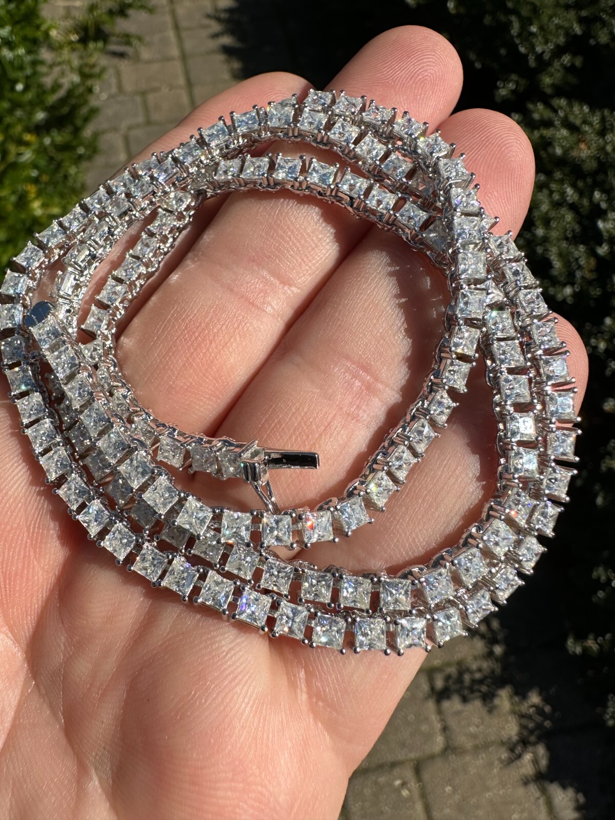 Pre-owned Harlembling Real 3mm Moissanite Princess Cut Square Tennis Chain Necklace 925 Silver Hip Hop