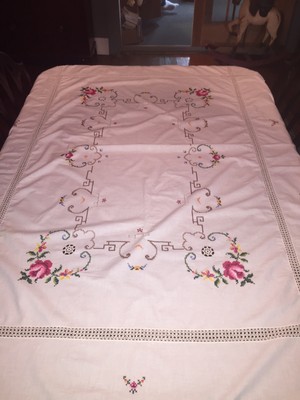 Vintage Cotton Tablecloth Crochet Inserts Cutouts Colorful Flowers 65x48