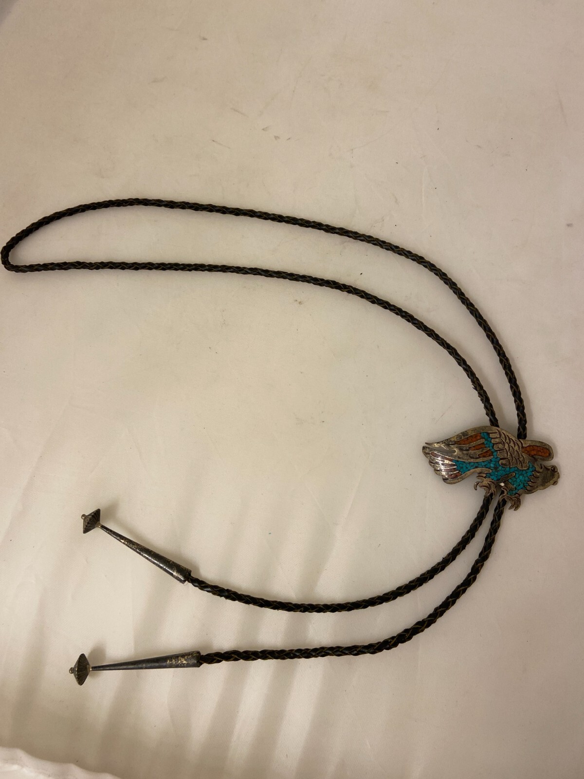 Swooping Eagle Vintage Native American Navajo Turquoise Coral Sterling Silver Bolo Tie Swooping Eagle Vintage Native American Navajo Turquoise Coral Sterling Silver Bolo Tie