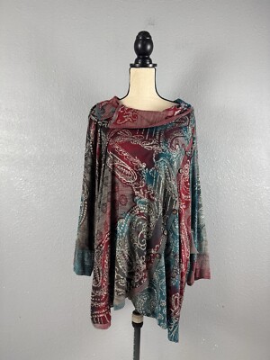 Ali Miles Women's Size 2X Red Cowl Neck Tunic Blouse Long Sleeve Paisley NWT