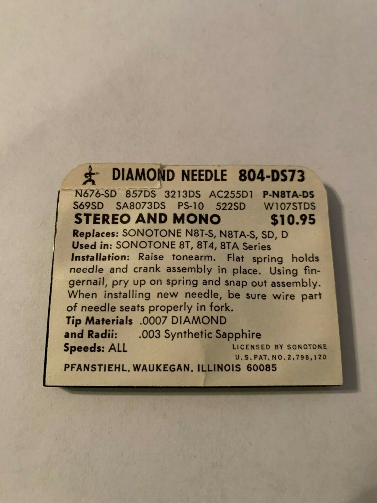 STEREO NEEDLE REPLACES SONOTONE N8T-S, N8TA-S, SD, D CARTRIDGE 806-DS73