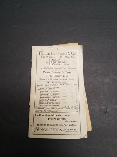 1917 Fitchburg Massachusetts Map Railroad Timetable USPS Mail Baseball Schedule