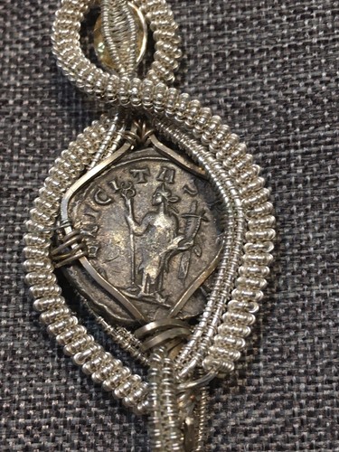 Ancient Silver Coin Wire Wrap Pendant w/ Citrine Crystal