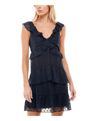 SPEECHLESS Womens Navy Swiss Dot Sleeveless Fit + Flare Dress S