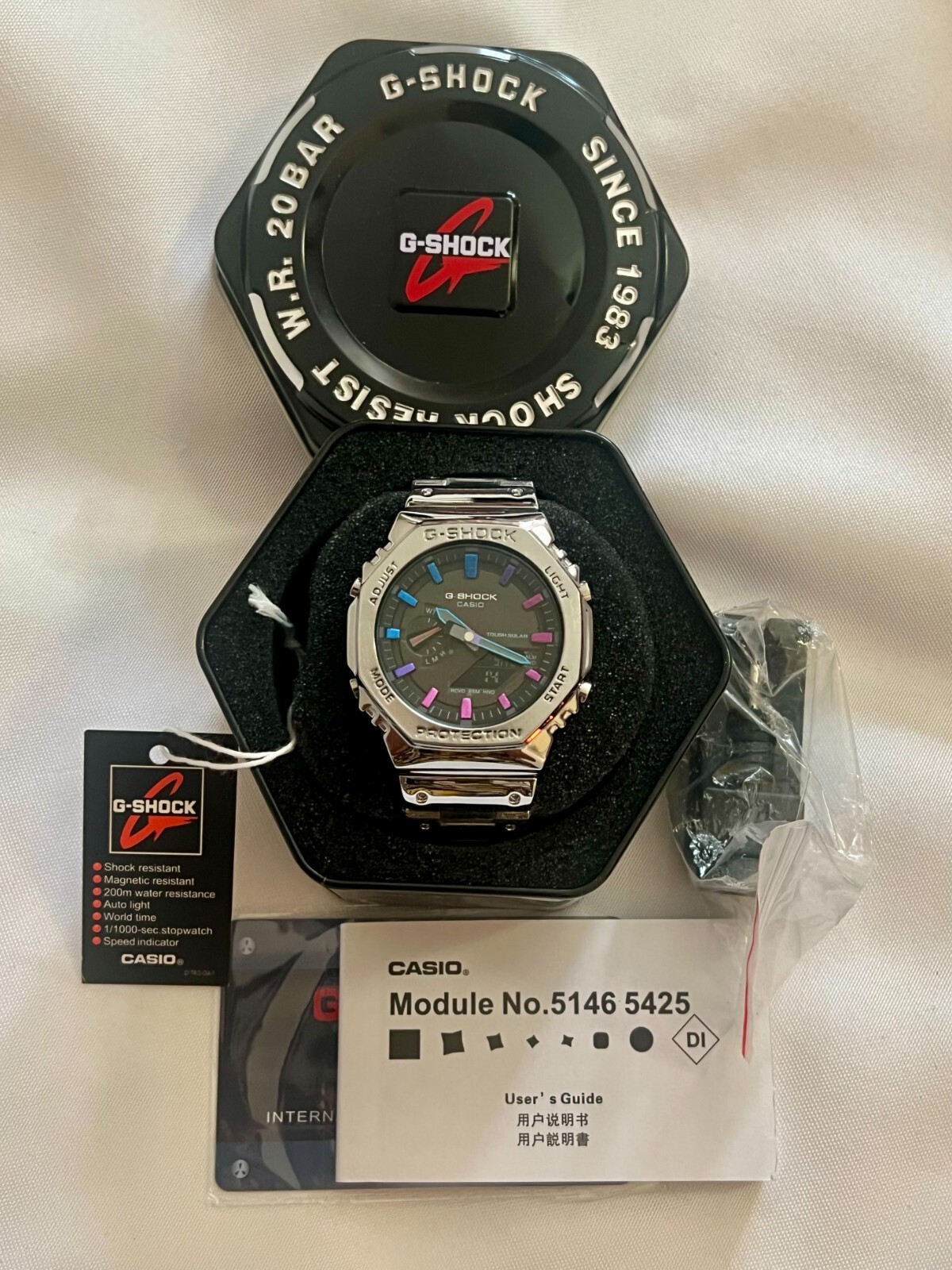 Pre-owned Casio G-shock Gm-b2100pc-1ajf Black Metal Rainbow Silver Men's Watch In Box