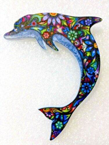 Dolphin Porpoise Multicolor Blue Floral Flat Acrylic Pin Brooch Jewelry