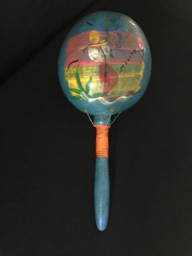 ~Vintage wood Mexico maraca hand painted shakers musical rattles super RARE ~