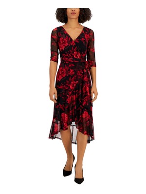 CONNECTED APPAREL Womens Red Lined Pullover Tie Belt 3/4 Sleeve Midi Dress 16