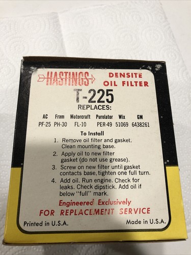 NOS Hastings T225 Engine Oil Filter Replaces Ac PF25 1969-70 Chevrolet 427 V8