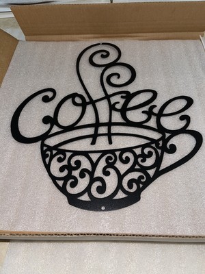 Coffee Word Ornamental Cup Black Metal Wall Art Sign 16x14 Steel Roots