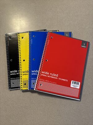 Spiral Notebooks WIDE Rule 1-Subject 8x10.5'' 70 Sheets Cover Colors (Pack of 4)