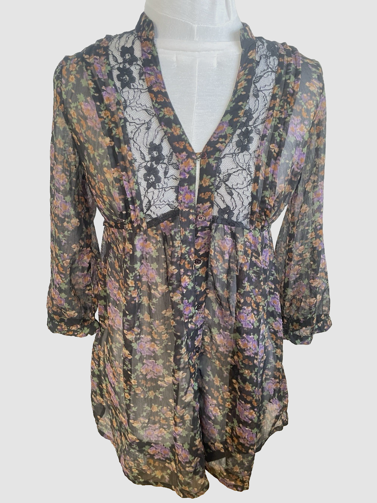 Daytrip Boho Mini Dress Black Floral Sheer Lace V-Neck M 3/4 Flared Sleeve Tunic