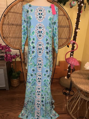 Pre-owned Lilly Pulitzer Seralina Maxi Frenchie Blue Mosaic Shells $298 Size L In Multicolor