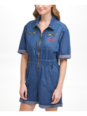 

TOMMY JEANS Женский синий джинсовый комбинезон с эластичным поясом и логотипом, рукавами до локтя и воротником, размер
