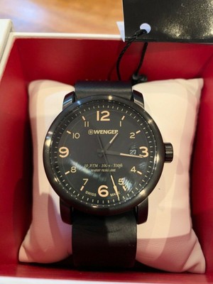 Wenger Men's Black Dial Quartz 100M WR Leather Watch 01.1041.135