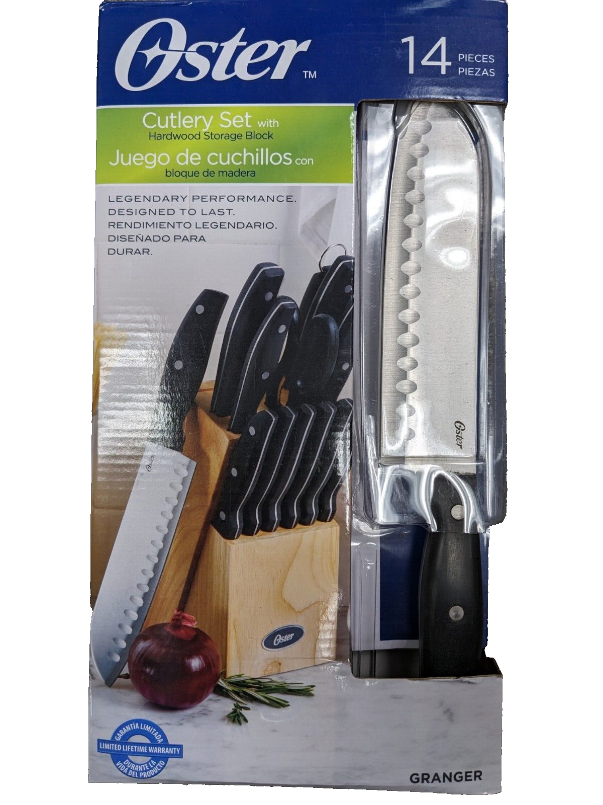 NIB NEW OSTER GRANGER 14-PIECE KITCHEN KNIFE WOOD BLOCK SET STAINLESS STEEL