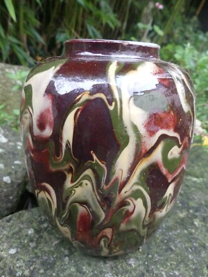 ANCIEN VASE SAVOYARD POTERIE HAUTE-SAVOIE,ART POPULAIRE ANNECY JASPE 15cm haut