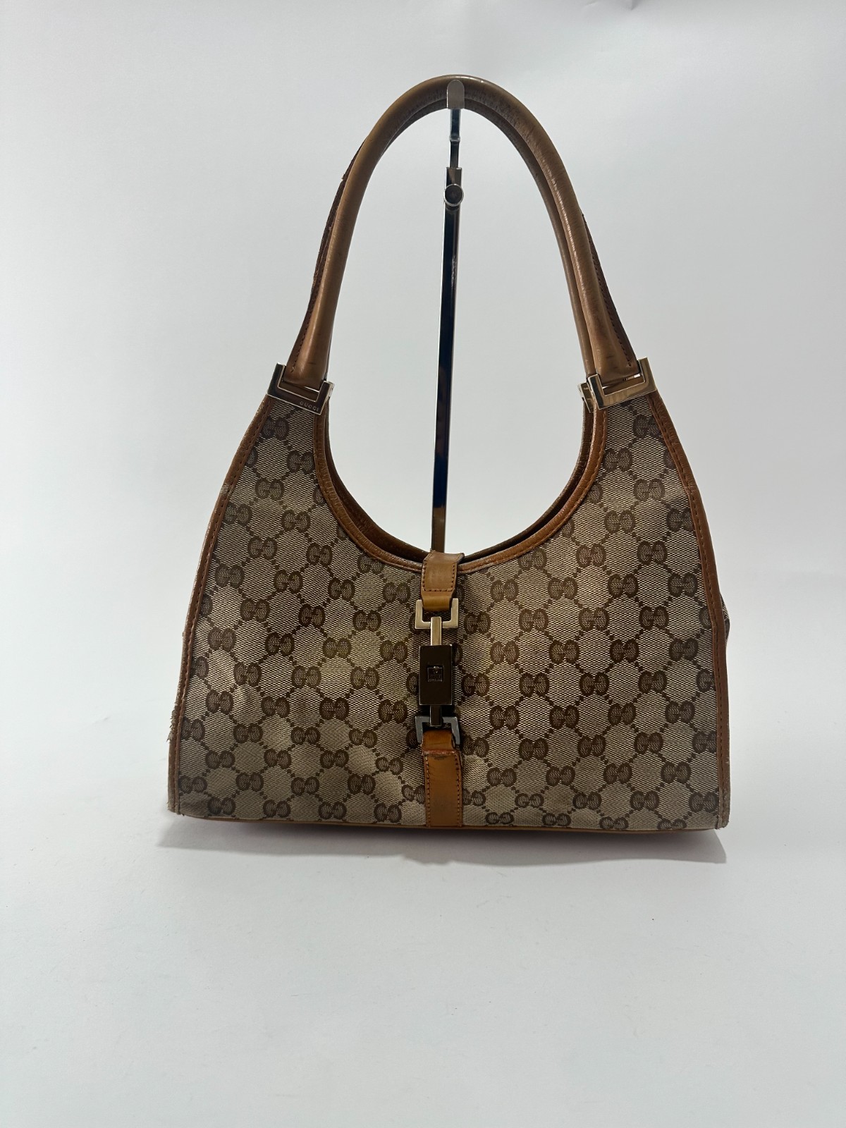 バッグ Gucci GG Jackie Hobo Bag Leather Brown Gucci Brown Leather/GG Canvas Jackie Small Hobo Bag