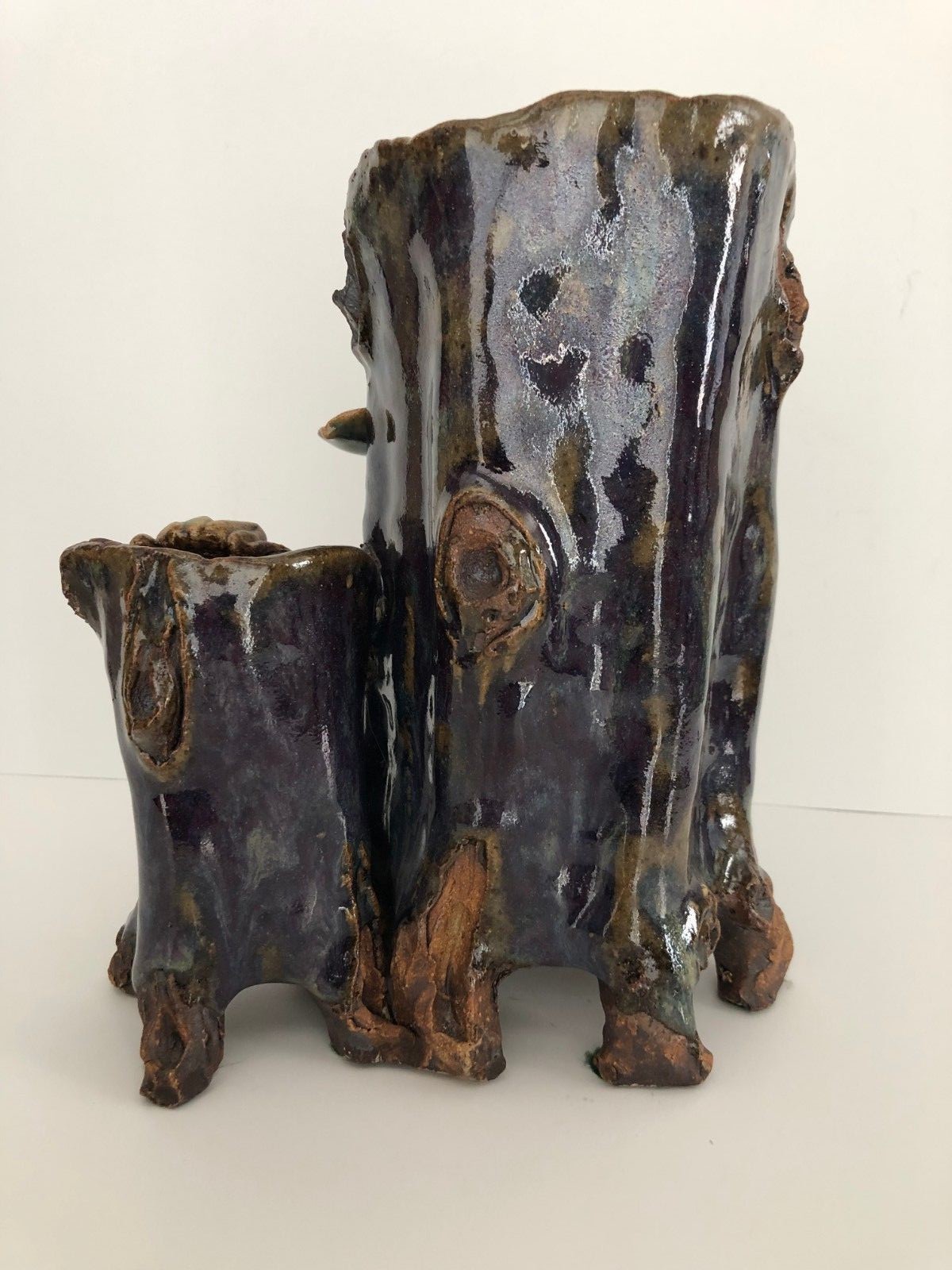 Vintage Chinese Double Yixing ShuChuang clay Twin Tree Form Vase 9