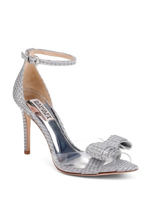 

BADGLEY MISCHKA Женские серебристые туфли-лодочки Lindsay в смешанной технике с открытым носком на шпильках, Серебряный, LINDSAY