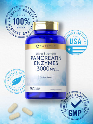 Pancreatin Digestive Enzymes | 3000mg | 250 Caplets | Non-GMO | by Carlyle