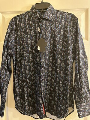 NWT  Luchiano Visconti Black Skulls Black Multi Colored Button Down Shirt Small