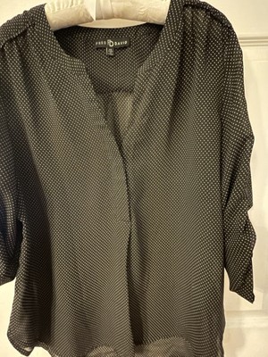 FRED DAVID Sz PXL Sheer Black & White Pin Dot Tunic BLOUSE Roll-Tab 3/4 Sleeves