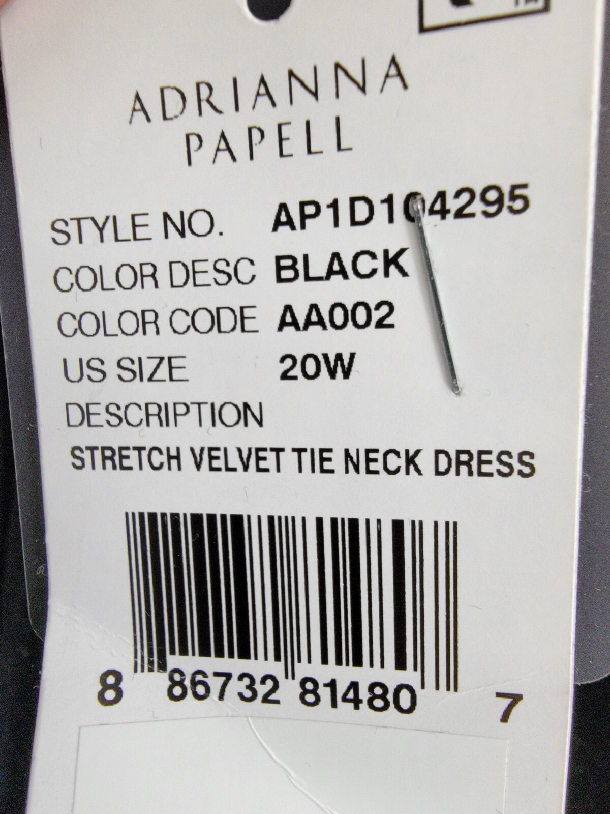 Adrianna Papell Plus Velvet Tie Neck Dress Women's 20W Black Back Zip Closure - Picture 17 of 17