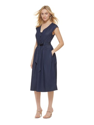 

DKNY Womens Blue Button Details Tie Belt Cap Sleeve Midi Fit + Flare Dress, Синий