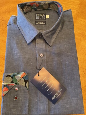 Primary Blues Cotton Collared Long Sleeve Button Up Men s Shirt Large Slim