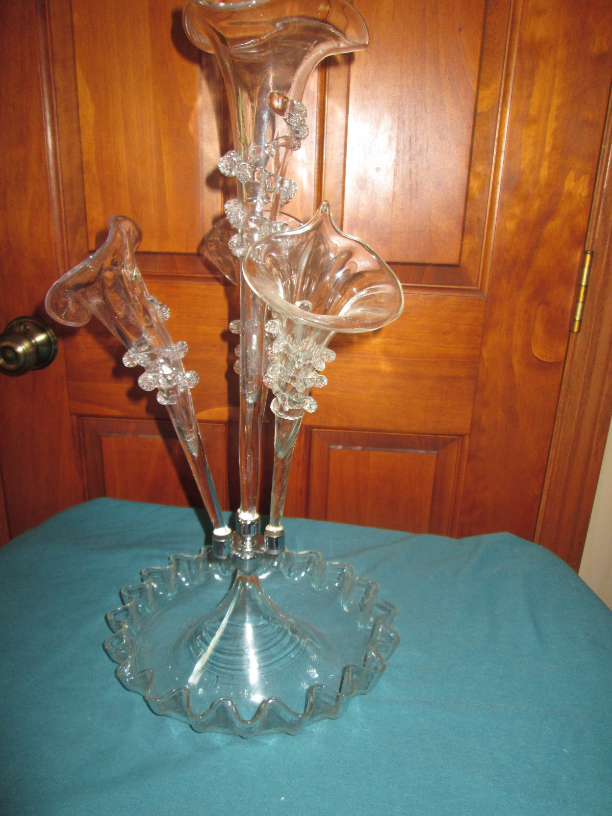 Vintage Victorian Blown Glass Epergne Clear Trumpets Vases
