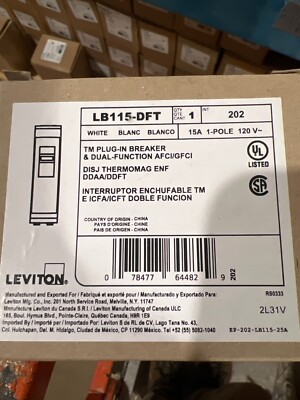 Leviton LB115-DFT 15A 1-Pole Plug-On AFCI/GFCI Branch Circuit Breaker,...