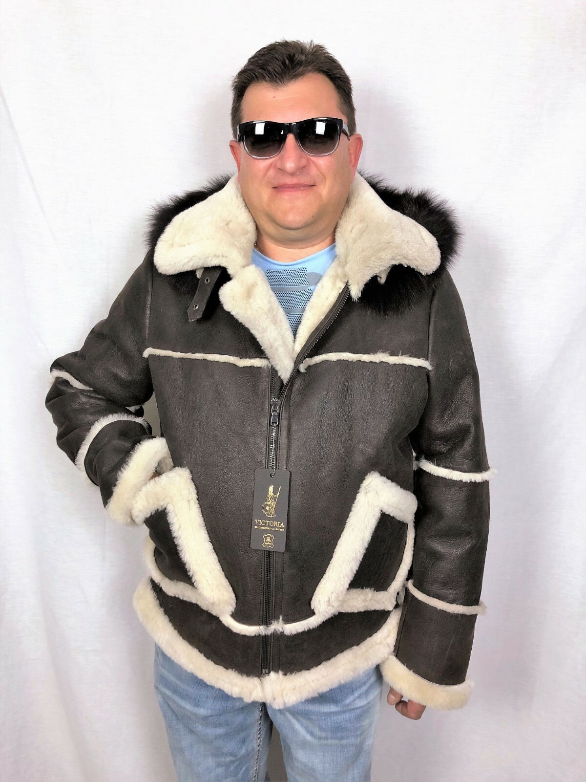 Pre-owned Victoria Brown 100% Sheepskin Shearling Leather Real Fox Pilot B3 Coat Jacket Xs-8xl,